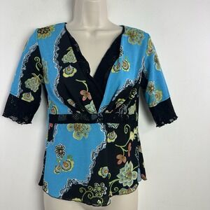 Vintage Y2K Gabby D Babydoll Top Small Blue‎ Black Floral Lace Fairy Whimsigoth